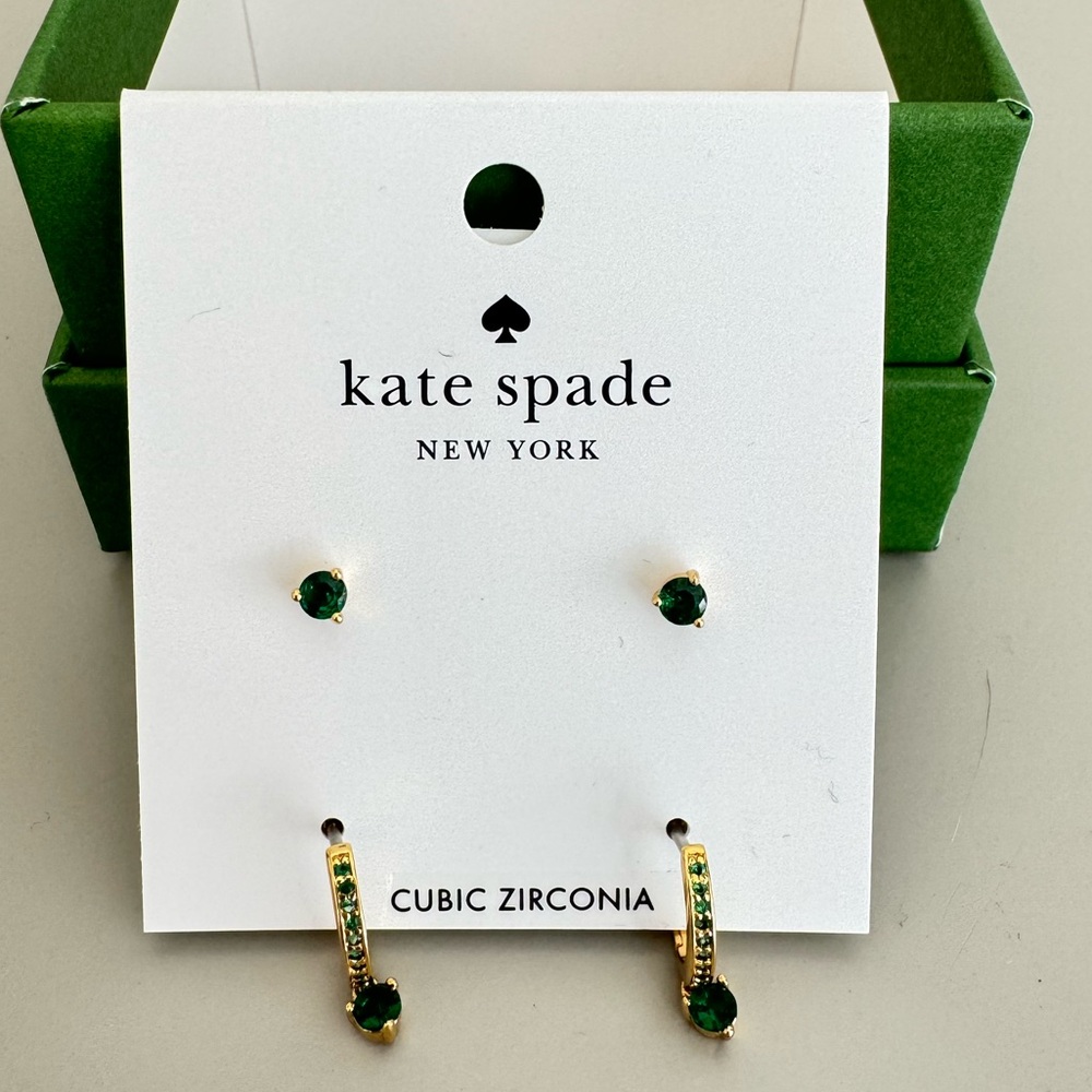 Kate Spade Designer Gold & Emerald Green Tiny Twinkles Earrings Set x 2 Pair NWT